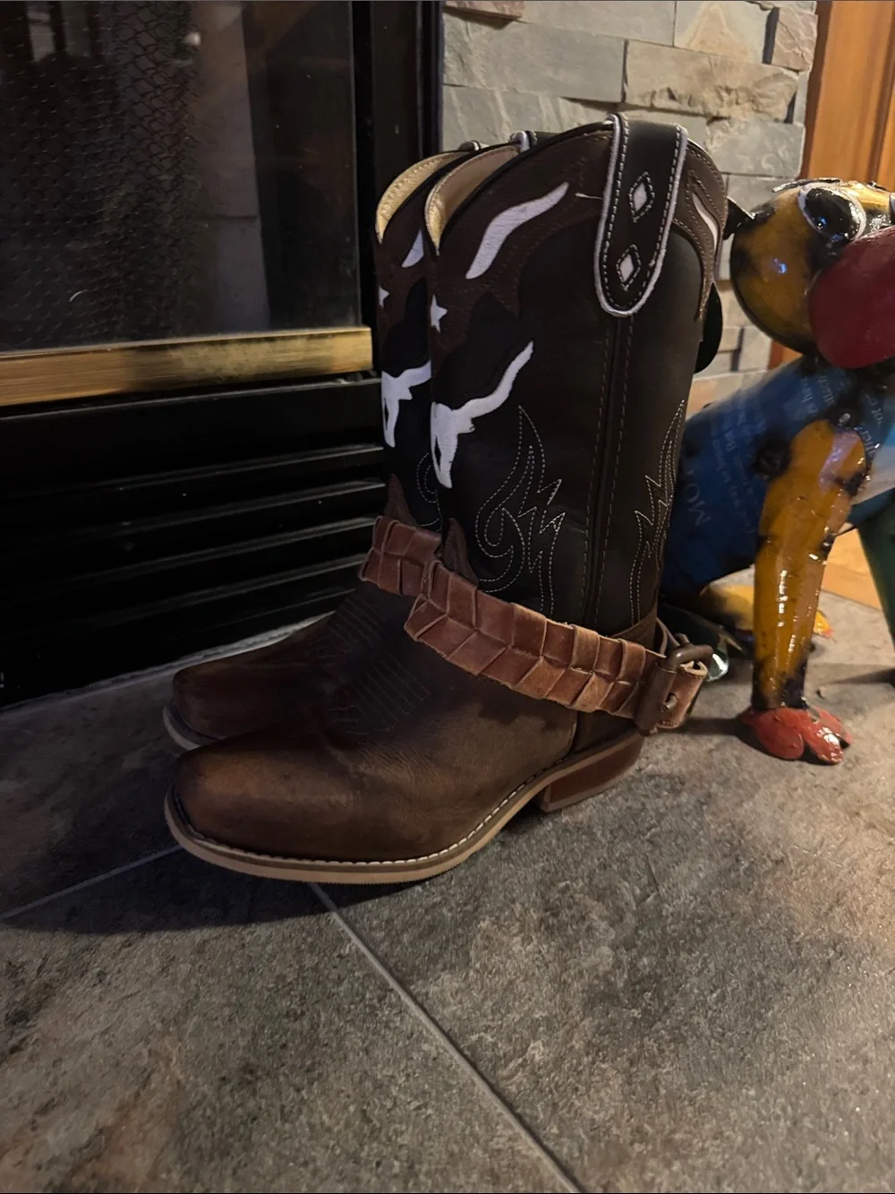Kids Brown & Black Western Cowboy Boots with Star and Steer Design